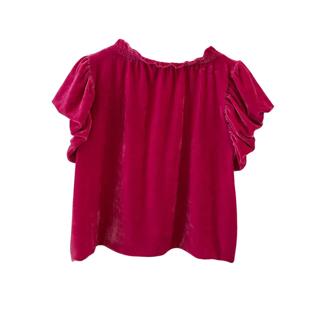 Free People Terese Velvet Top Womens S Fuchsia Pink Puff Sleeve Ruffle Boho